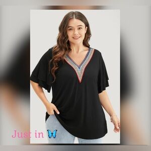 BloomChic Black Blouse with Multicolor V-Neck